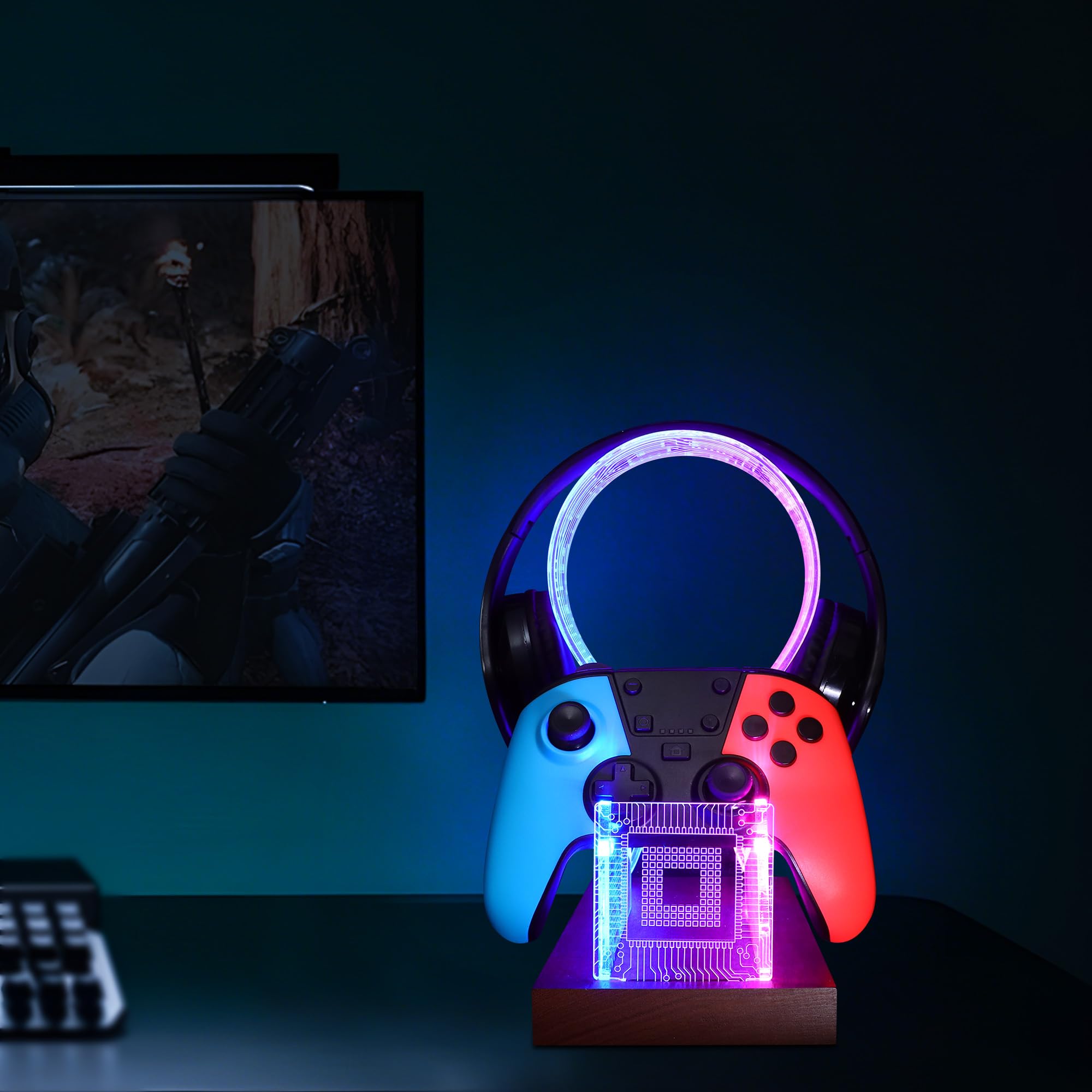 YuanDian Regali per ragazzi adolescenti, cuffie da gioco da scrivania e supporto per controller con luce notturna a LED blu rosa, supporto controller in legno acrilico con motivo PCB, regalo