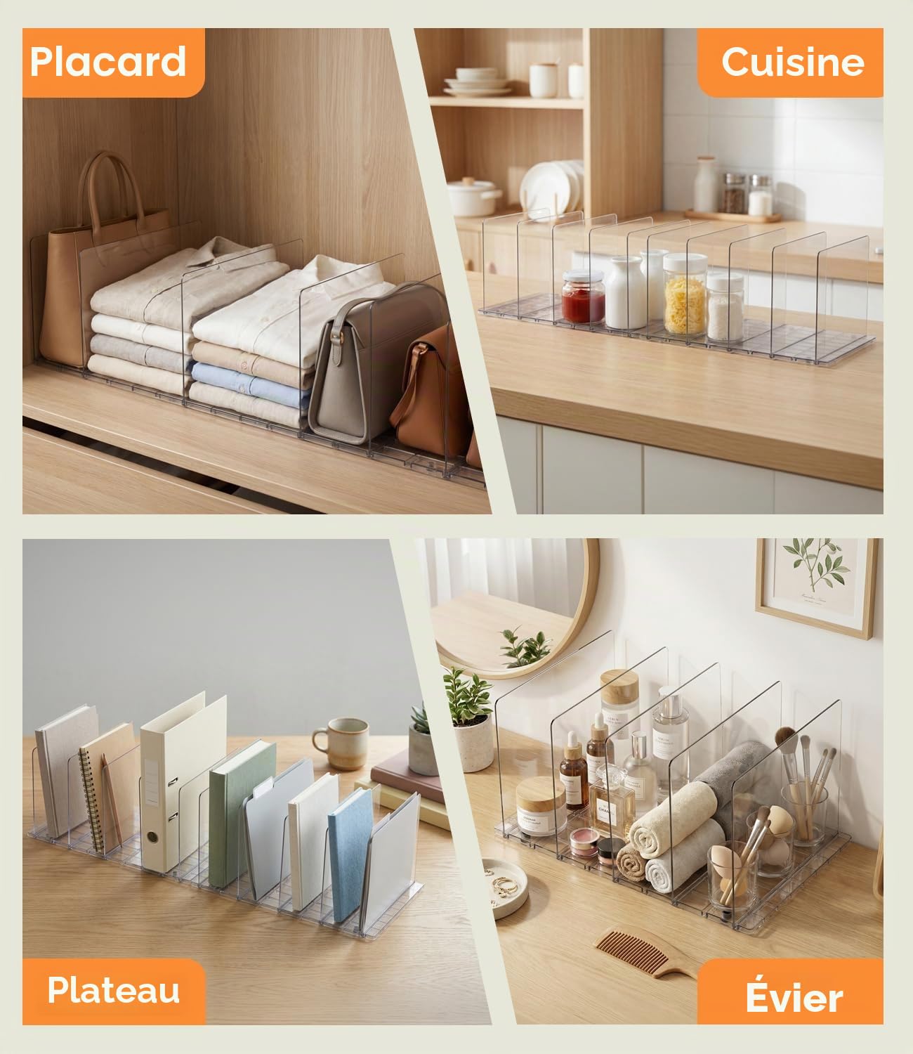 Lot de 10 Rangement Sac à Main, Organisateur Sac à Main en Acrylique Transparent, Separateur Etagere D'étagères Réglables avec Base Rainurée pour Chambre, Cuisine, Bureau, Salle de Bain
