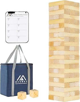 Megwoz M Size Tumble Tower 66 Blocks 3.5FT Indoor Outdoor Games for Family | Includes 2 dice & scoreboard; waterproof carry bag; premium NZ pine; safe, non-toxic; for backyard, beach, camping, parties