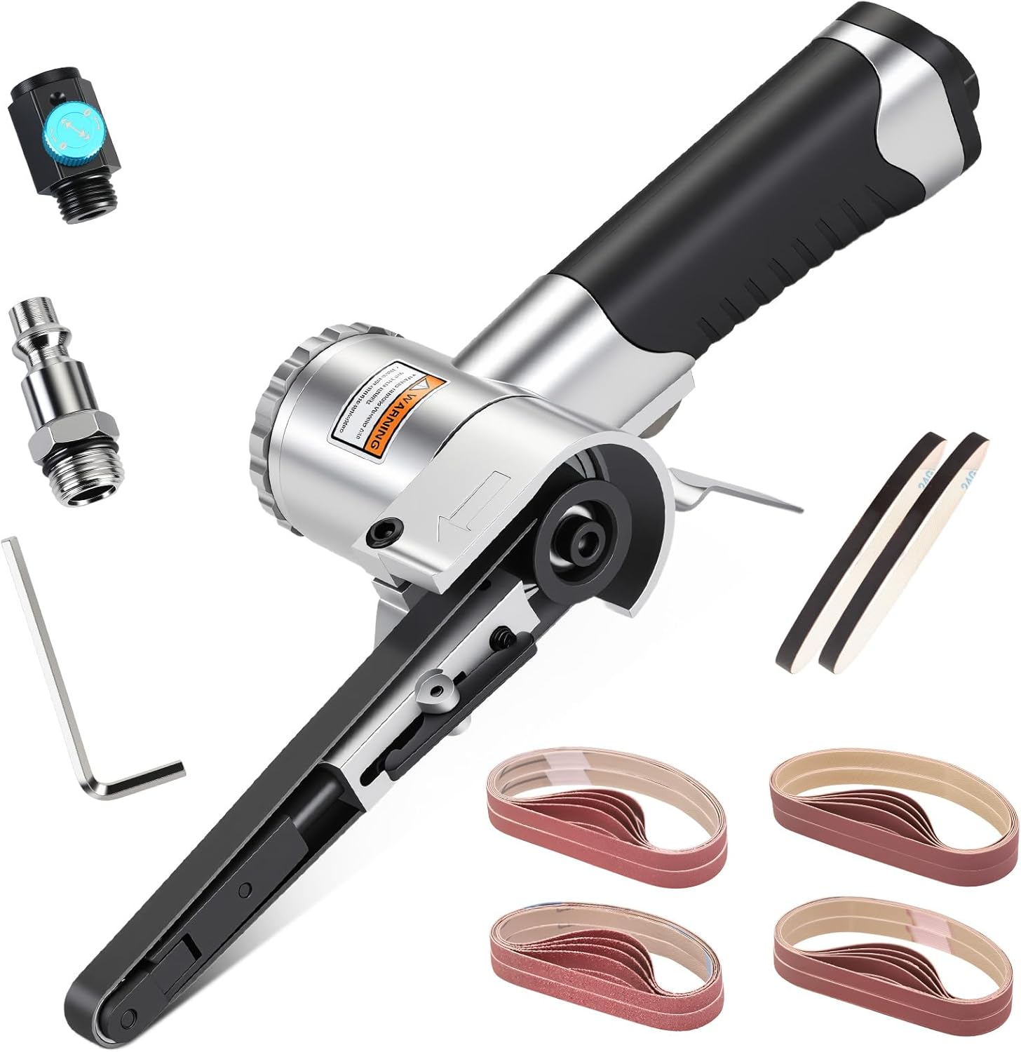 3/8" x 13" Air Belt Sander, Variable Speed Knob Pneumatic Tool with 40 Sandpapers (80/120/180/240 Grit), 360° Rotatable Arm, for Metal Sanding & Deburring