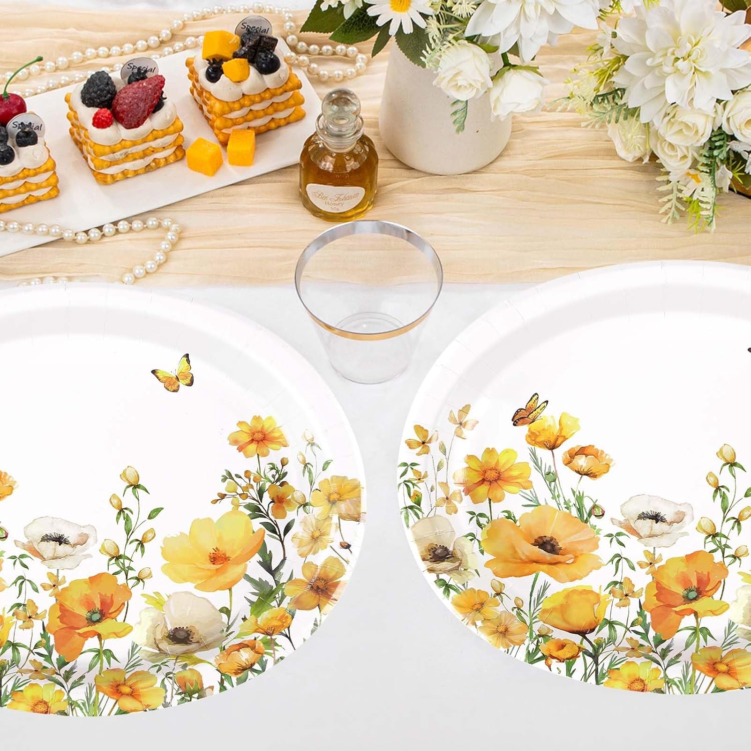 50Pcs Spring Floral Oval Paper Plates 10" x 12" Large Disposable Heavy Duty Watercolor Calliopsis Flower Platters Yellow Flowers Dessert Plates for Seasonal Lunch Dinner Birthday Party Supplies