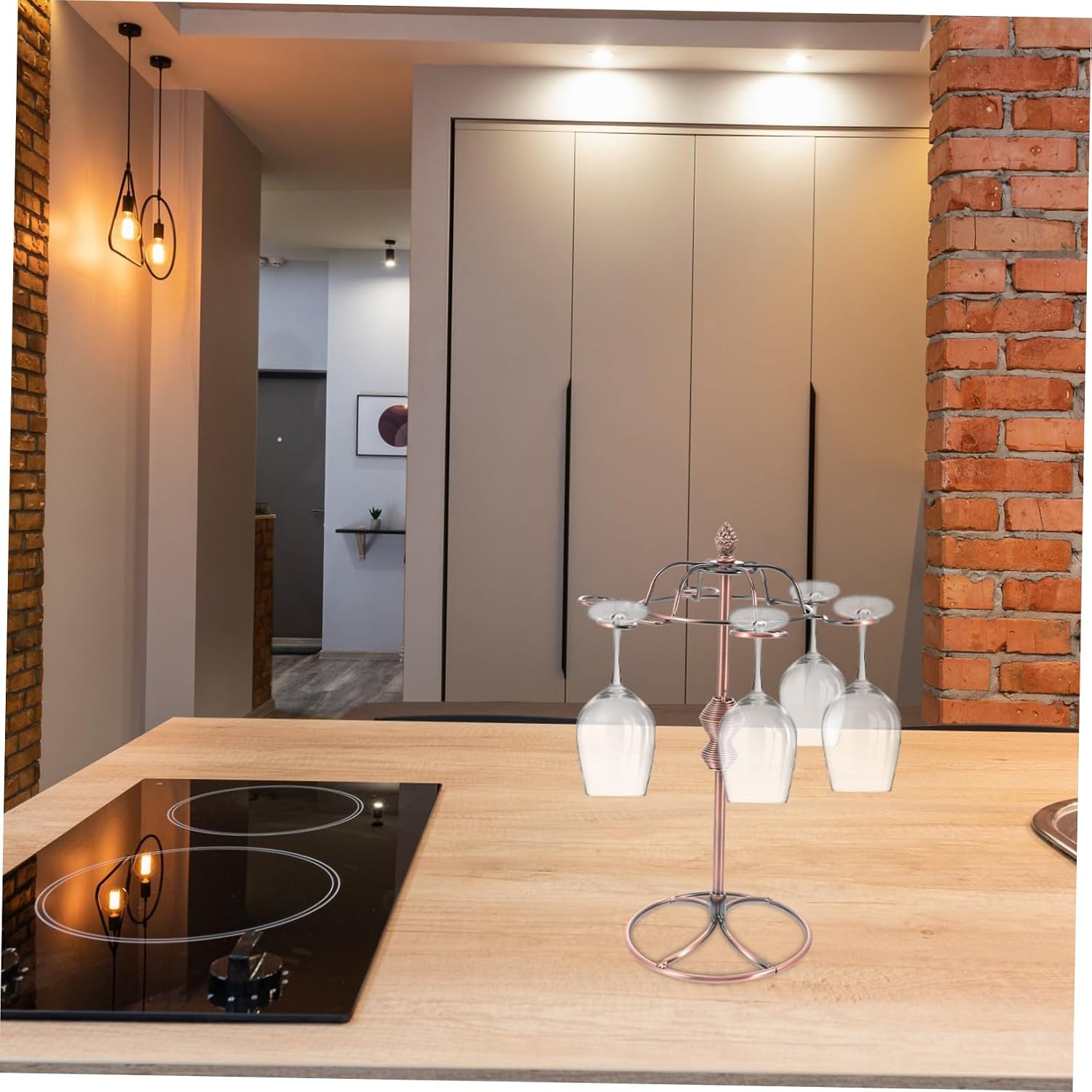 Retro Copper Iron Stemware Rack Upside down Wine Glass Holder 6-position Hanging Storage for Kitchen Bar Dining Room