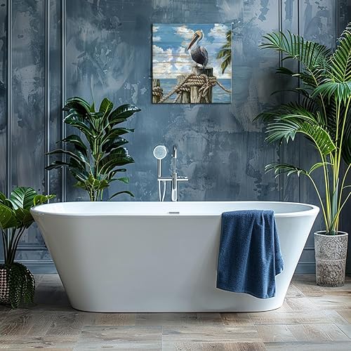 Miniatura 2 de Decoración de baño, arte de pared de playa, tema oceánico, imagen azul, impresión en lienzo, obra de arte costera moderna, enmarcada para colgar,