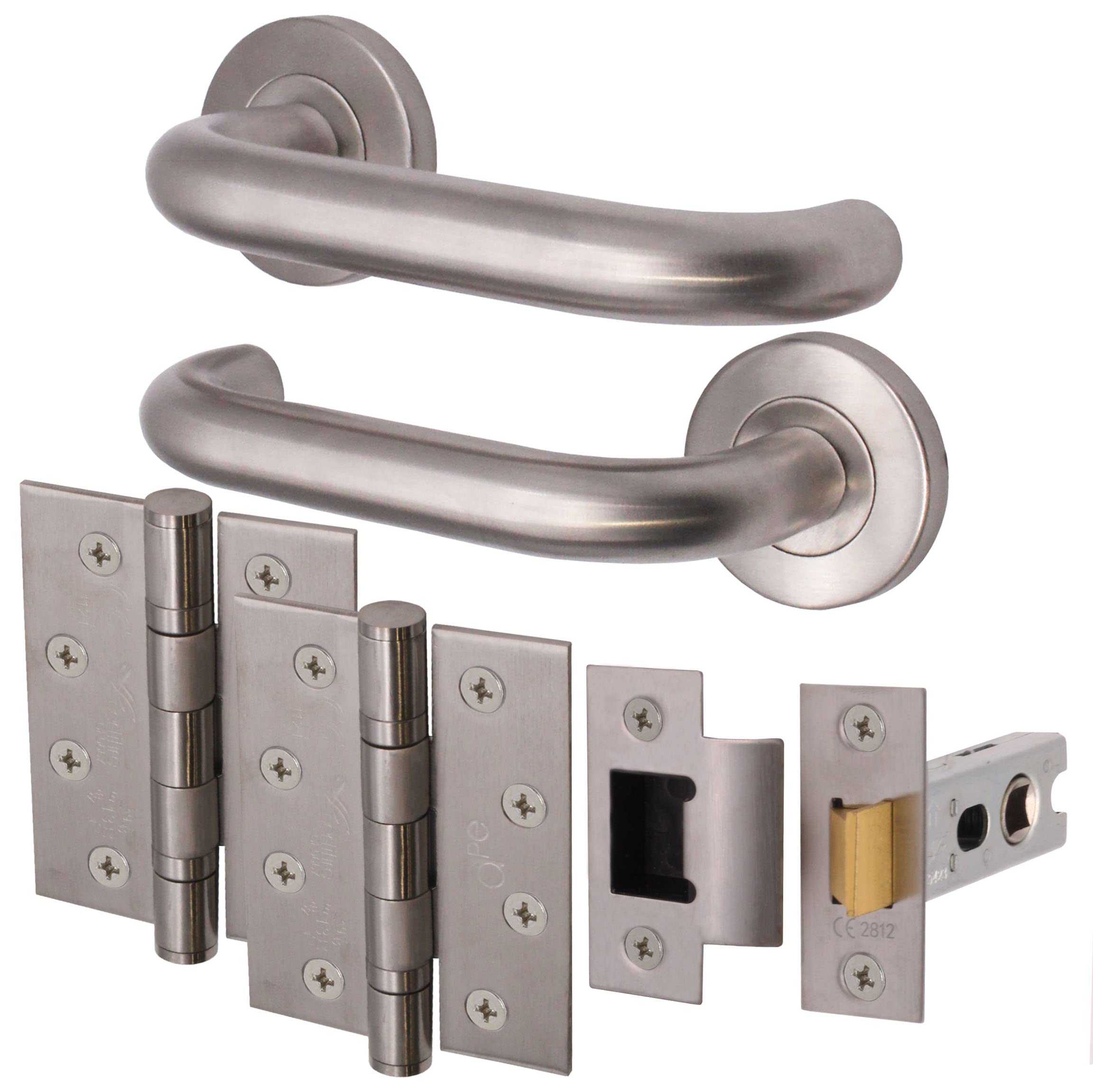 EAI Return to Door Lever on Rose Handle 4 inch Hinges & 66mm Latch Kit – Satin Stainless Steel