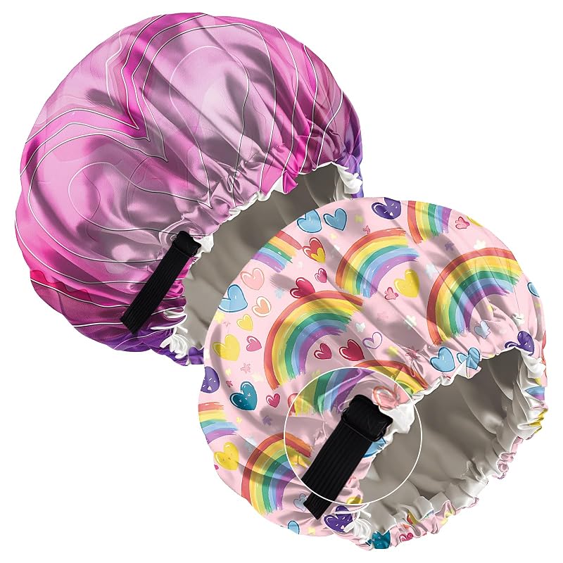 Touca de cetim Deokke dupla camada com elástico ajustável, estampa Rainbow Heart, Pacote com 2