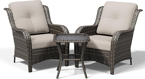 Miniatura 8 de Joyside Juego de sillas de mimbre para patio, juego de 3 piezas de mimbre para exteriores con 2 sillas reposabrazos y 1 mesa auxiliar para terraza,