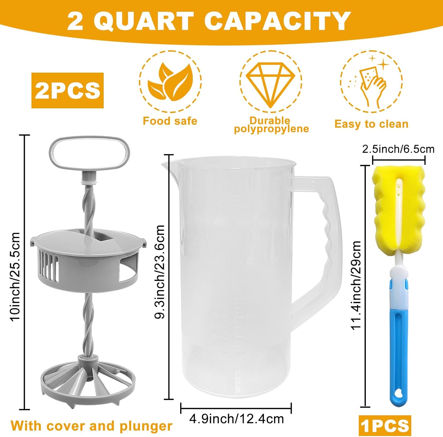 2 Pack Mixing Pitcher for Drink, 2 Quart/ 64oz Plastic Water Pitcher with Lid and Clean Sponge Brush, Angled Plastic Blades and Adjustable Mixer Plunger for Juice, Milk, Beverage Container