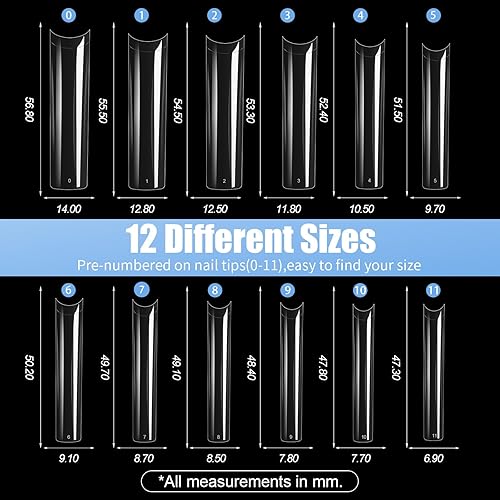 Miniatura 6 de Cycullinyt Juego de puntas de uñas postizas cuadradas largas de 12 tamaños, 240 piezas de media cubierta acrílica, transparente, kit de puntas de