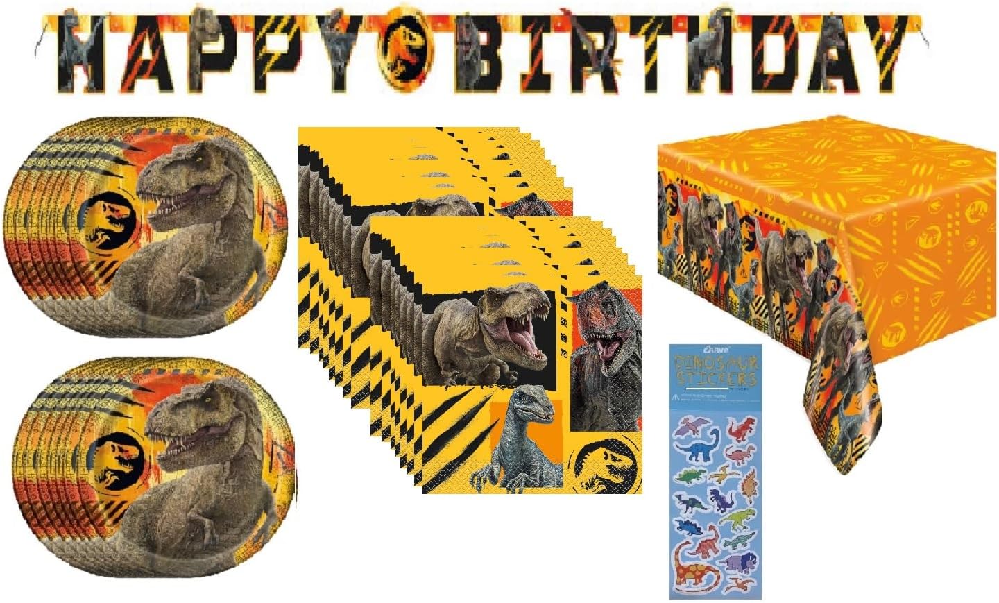 Jurassic World Fallen Kingdom Dinosaur Birthday Party Supplies Decoration Bundle Pack Includes Dessert Cake Paper Plates, Napkins, Table Cover, Happy Birthday Banner - Serves 16