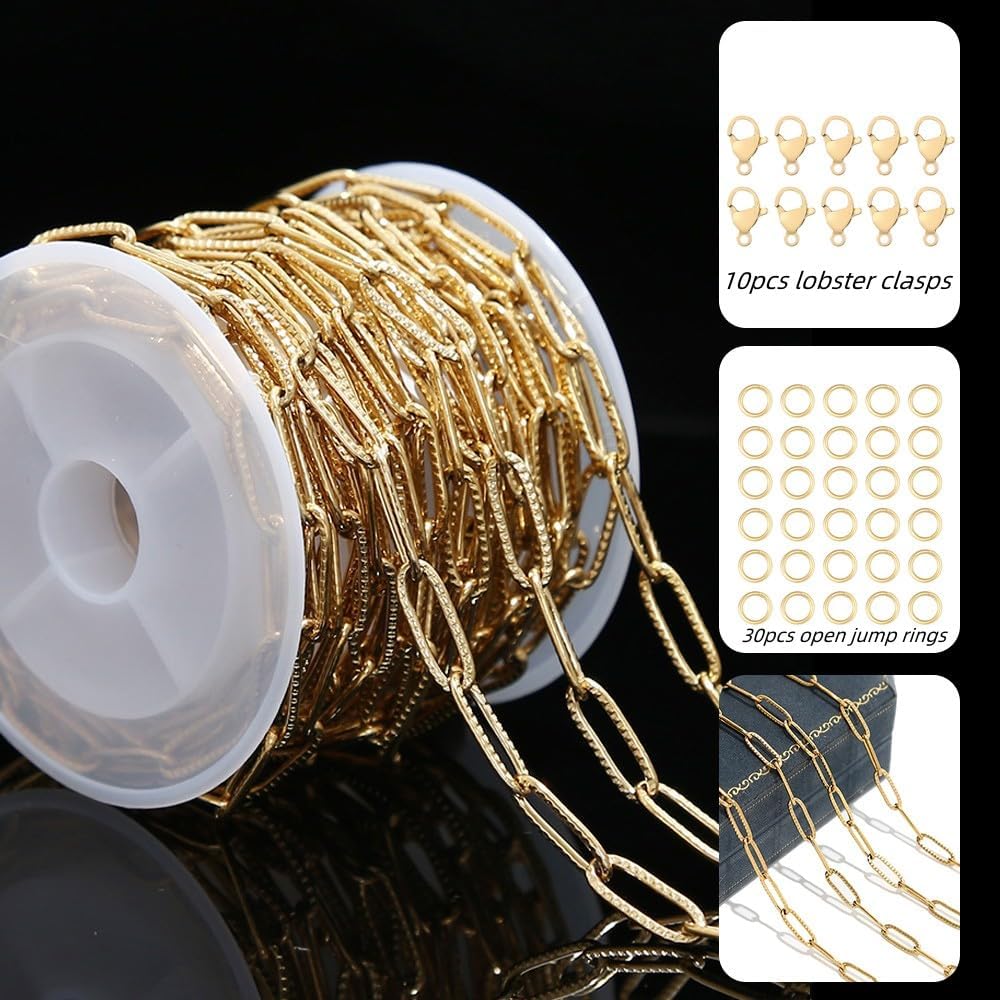Gold Plated Stainless Steel Paperclip Chain, 4mm Oval Link, 5M Roll with Lobster Clasps, Jump Rings for Jewelry Making, Craft (Gold Carving Chain)