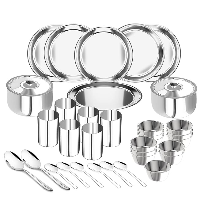 Buy Lifelong Dinner Set of 36 Pcs | Stainless Steel | 6 Full Dinner Plates| 6 Glasses| 12 Vegetable Bowl| 6 Dinner Spoons| 2 Serving Spoon |2 Serving Bowl with Lid (LLDINSET36, Silver) at Rs. 1349