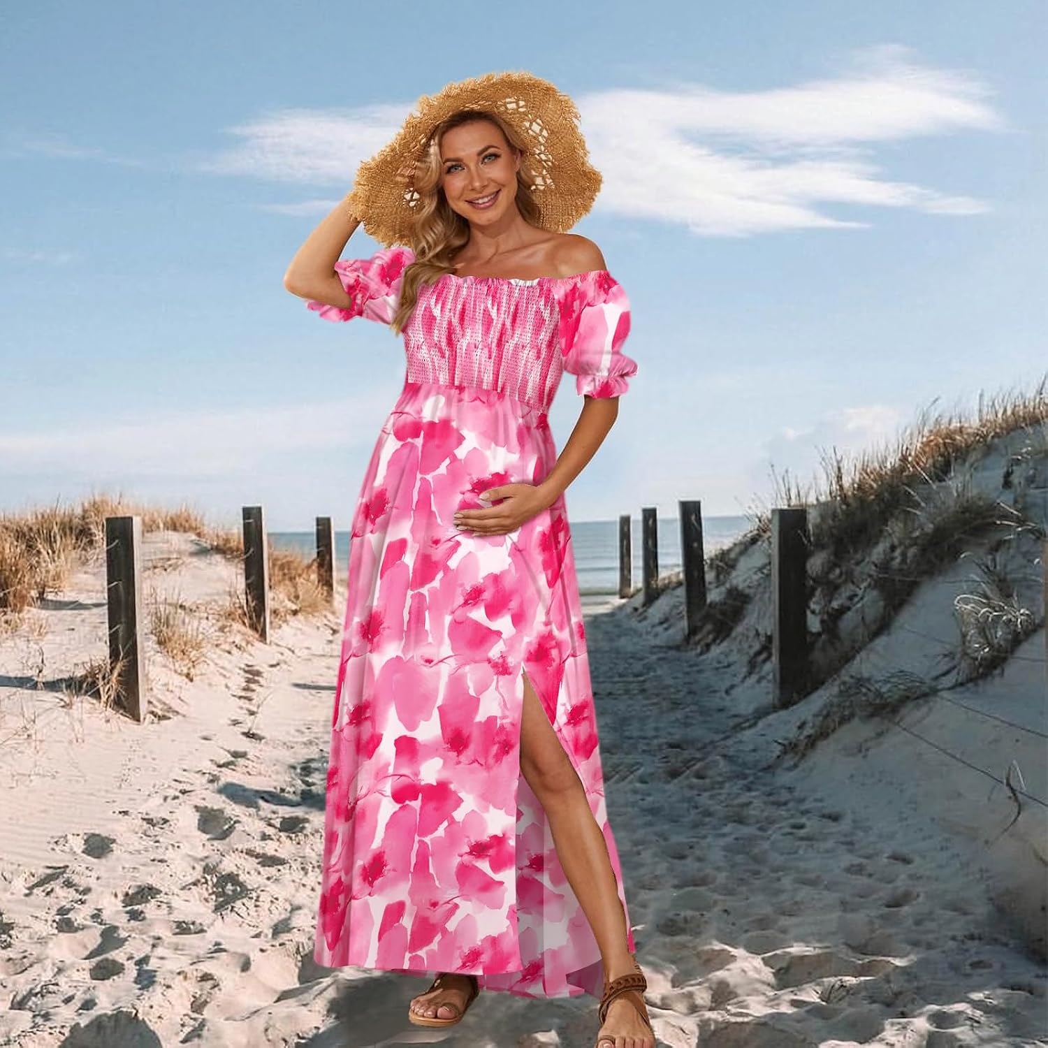 Floral Maternity Dress Square Neck Puff Sleeve Smocked Boho Photoshoot Baby Shower Pregnancy Dresses