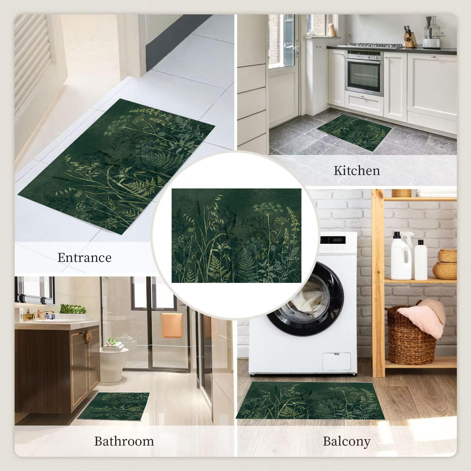 Felpudo Ultrafino para Interiores, 90X150Cm, Hiprato Brumosa Antigua Alfombra Antideslizante Lavable para Entrada, Resumen De Plantas Felpudo De Perfil Bajo, Atrapa Suciedad, Verde