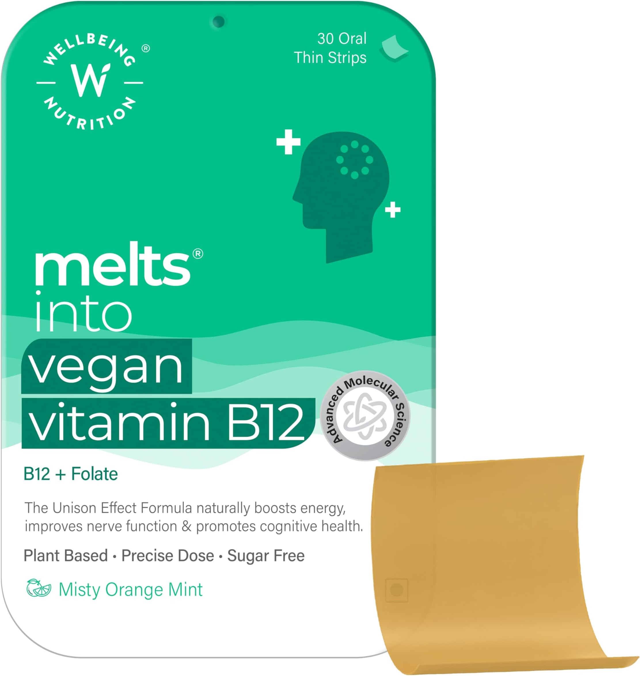 Melts Vegan Vitamin B12, Folate, Brahmi & Curcumin | For Memory, Brain, Heart & Nervous System Support | B12 supplement for Men & Women, 30 Oral Strips