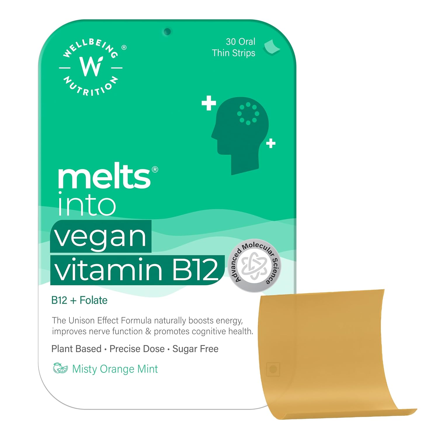 Wellbeing Nutrition Melts Vegan Vitamin B12, Folate, Brahmi & Curcumin | For Memory, Brain, Heart & Nervous System Support | B12 supplement for Men & Women, 30 Oral Strips