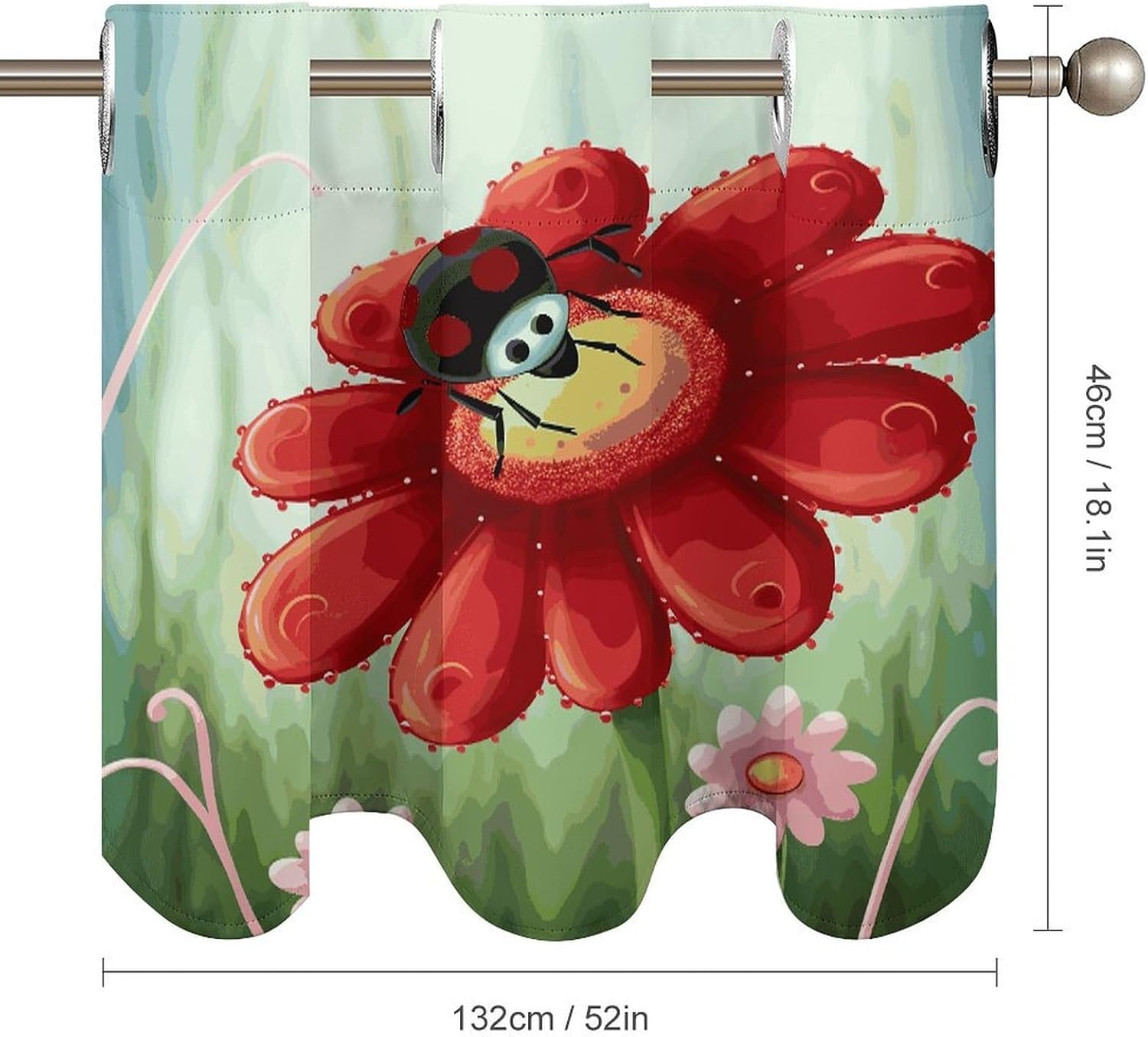 Ladybug Flower Curtain 2 Panels, Polyester Fiber, Blackout Insulated Window Curtain, Curtain Valance for Kitchen Dining Room Living Room Cafe Small Window 52 * 18.1 Inches