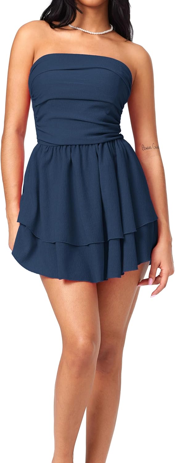 CIDER Women's Summer Cocktail Dress - Tube Ruched Ruffle Mini Dress - Image 4