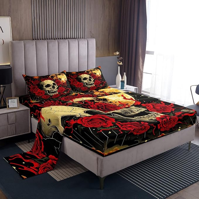Feelyou Skull Sheet Set Queen Size Kids Rose Sheets with Deep Pocket Fitted Sheet for Boys Girls Teens Sun and Moon Bed Sheets Set Breathable Golden Red Room Decor