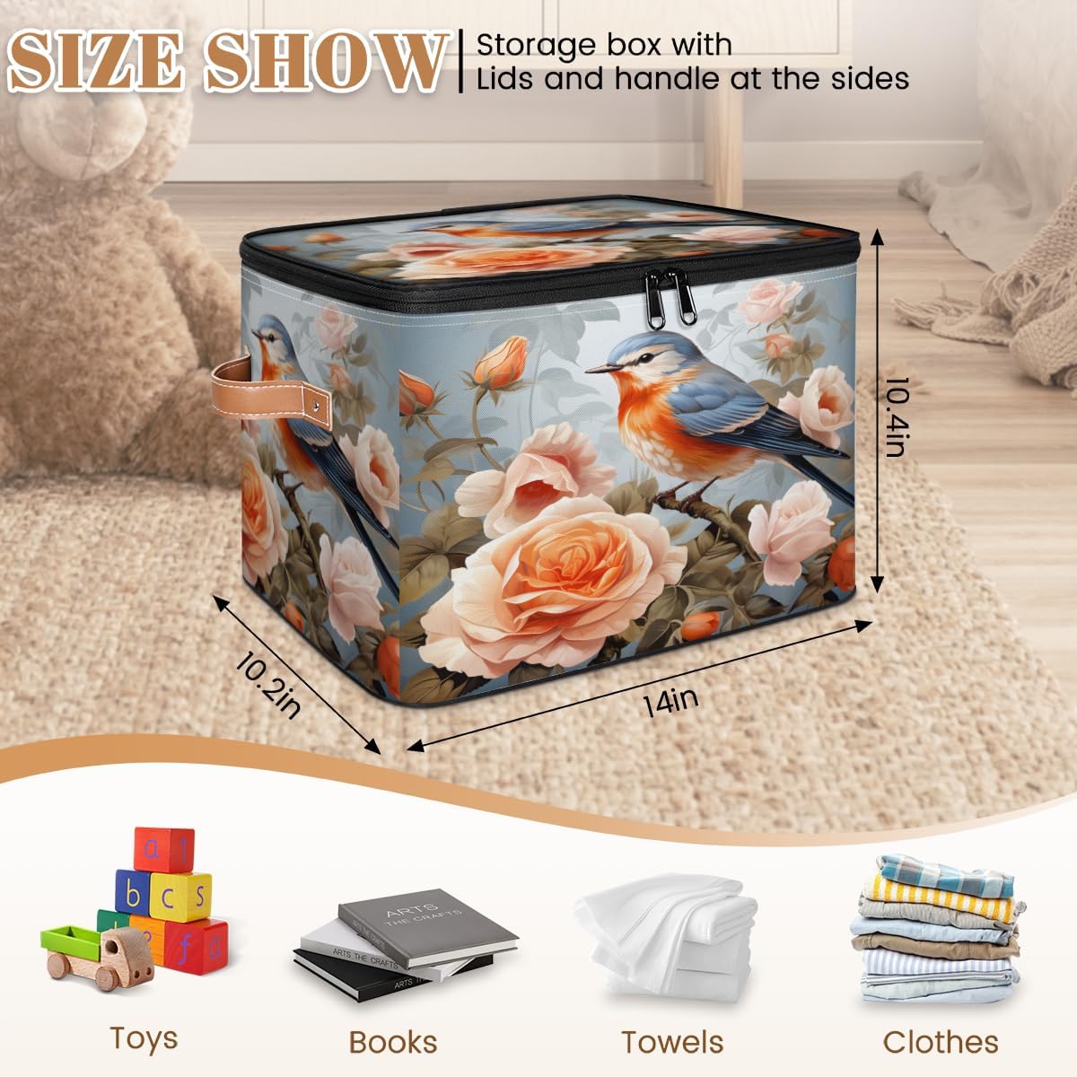 Storage Bin Set of 2 Bird Flower Storage Basket with Zipper Lid & Handle Foldable Closet Shelf 2 Pack Cloth Organizer Basket Cube Bins Clothes Organizer for Bedroom, Nursery