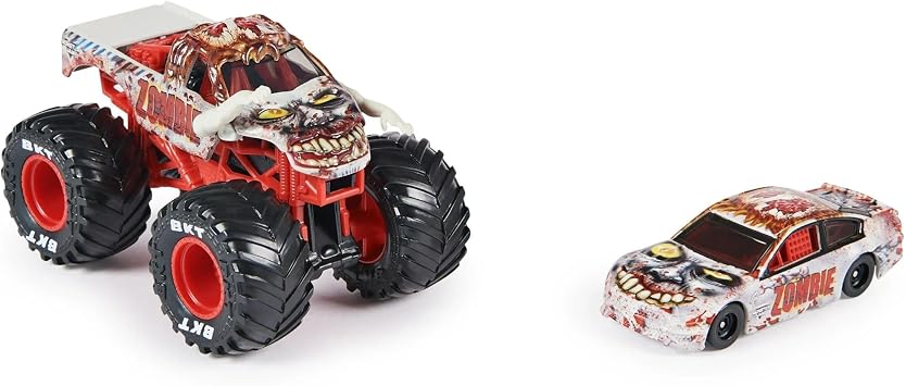 Official Monster Jam 1:64 Scale Diecast 2-Pack Monster Truck and Race Car Series 4 Zombie