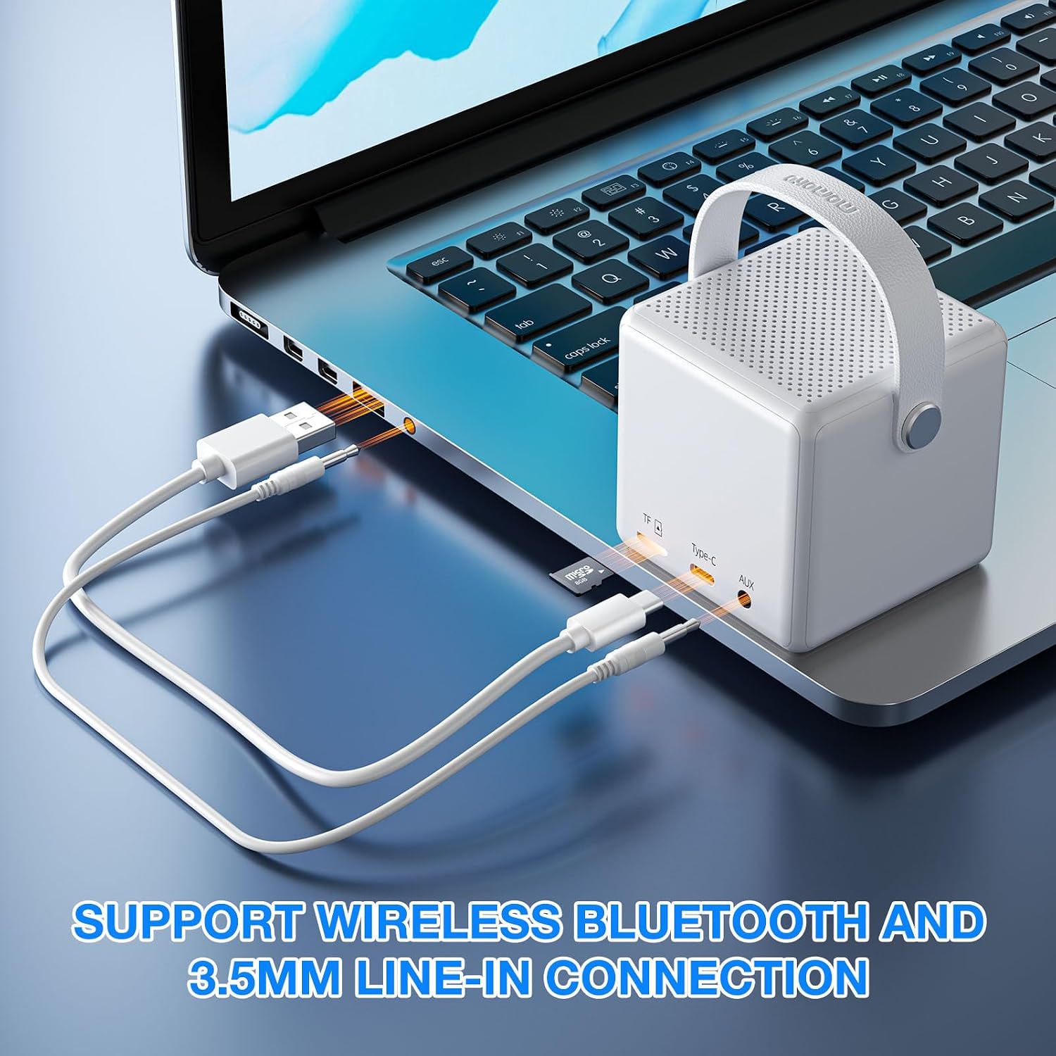 MOMOHO B40 speaker displayed alongside various compatible devices like laptops, tablets, and smartphones, showcasing its wide compatibility.