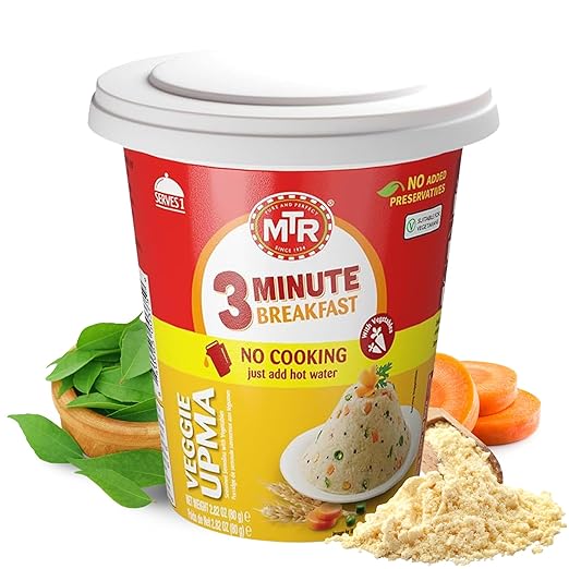 MTR 3minute Veggie Poha - Ready-to-Cook Mix - Authentic Indian Food in Just 3 Minutes - 100% Vegetarian - No Added Preservatives - Just Add Hot Water - Quick & Easy ((Veggie Upma Cup - 80g, Pack of 1)