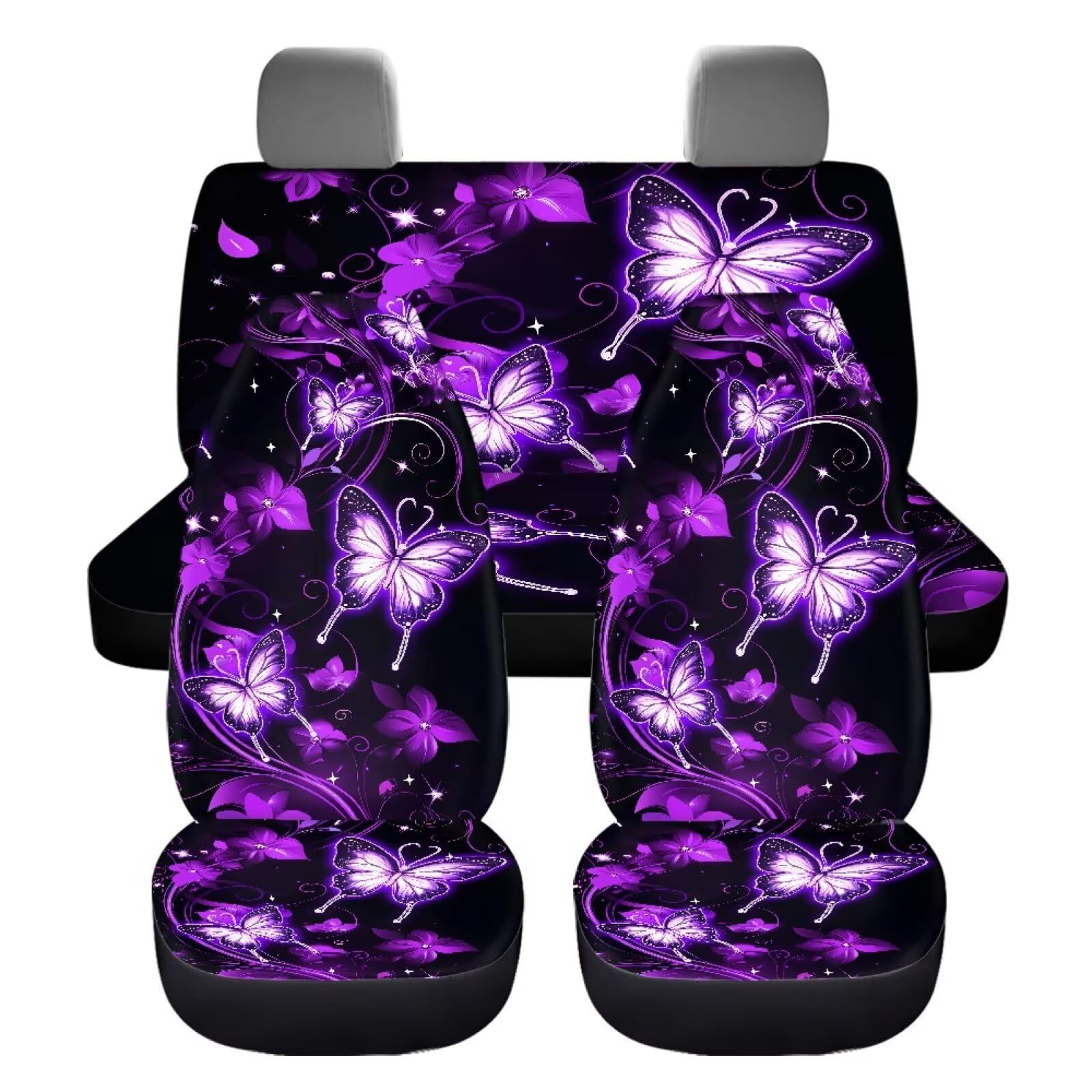 Galaxy Schmetterling Autositzbedeckung Set für Vorder- und Rückfrauen Stretchy Geteilter Sitzbezug Universal-Fahrzeug-Eimer-Sitzpad Vollständiges Set 4 Stück Auto Innenraum Zubehör Set