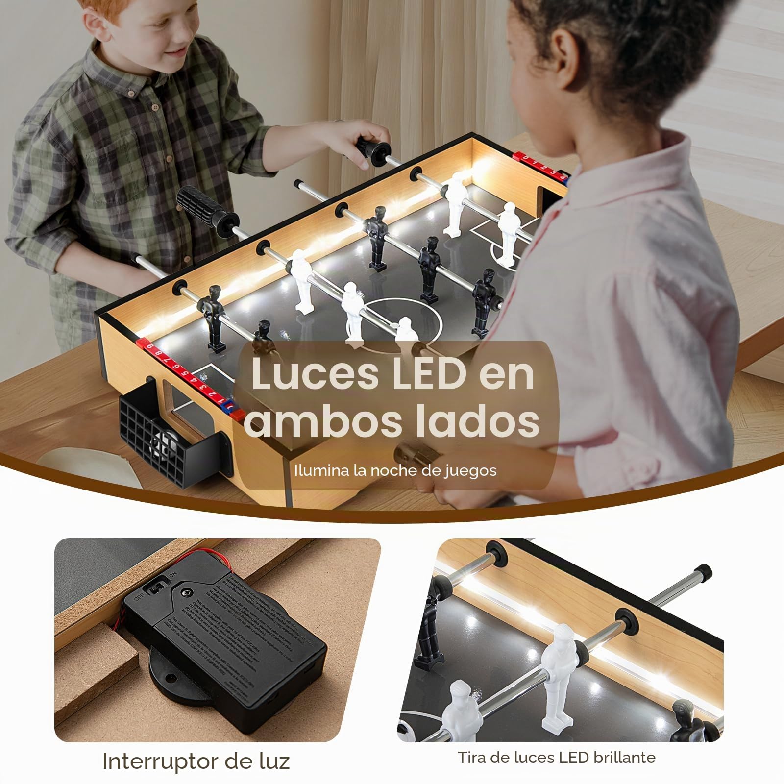 HOMASIS Futbolín de Mesa con Luces LED, Mini futbolín Infantil con 2 Pelotas, Futbolín para niños a Partir de 3 años, Juego de fútbol de Mesa para Fiesta, Bar, 59 x 51 x 8 cm, Natural