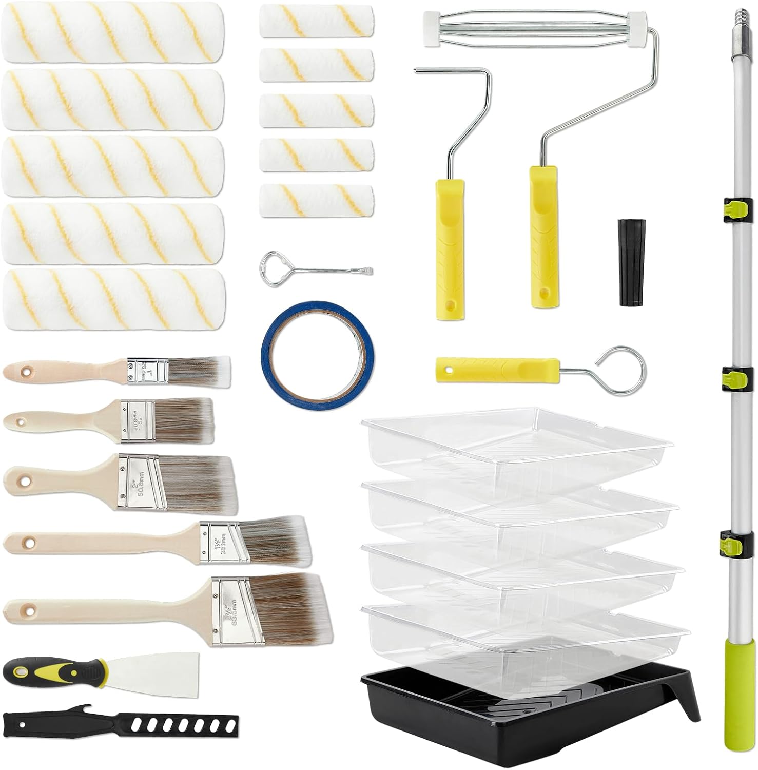 Paint Roller Kit, Flymer 29 Pcs Paint Kit for House Painting, Paint Supplies with 4 Inch Small Paint Rollers, 9 Inch Rollers, Roller Extension Pole, Brushes, Trays, Painters Tape