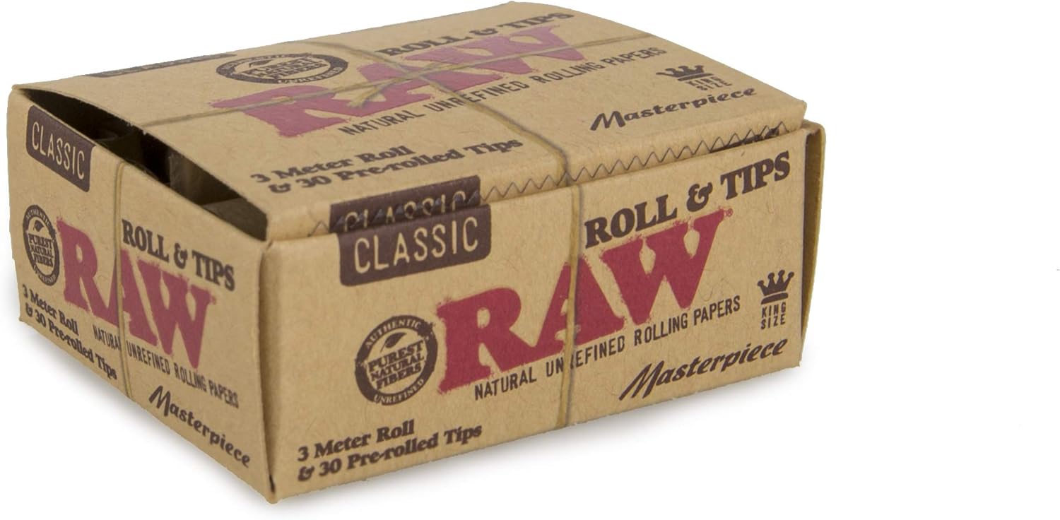 RAW Classic Natural Unrefined Rolling Papers Tips - 3 Meters Masterpiece Pre Rolled Tips - 12 Pack Count Display Box -Raw Rolls Masterpiece Filters x 12 No Nicotine