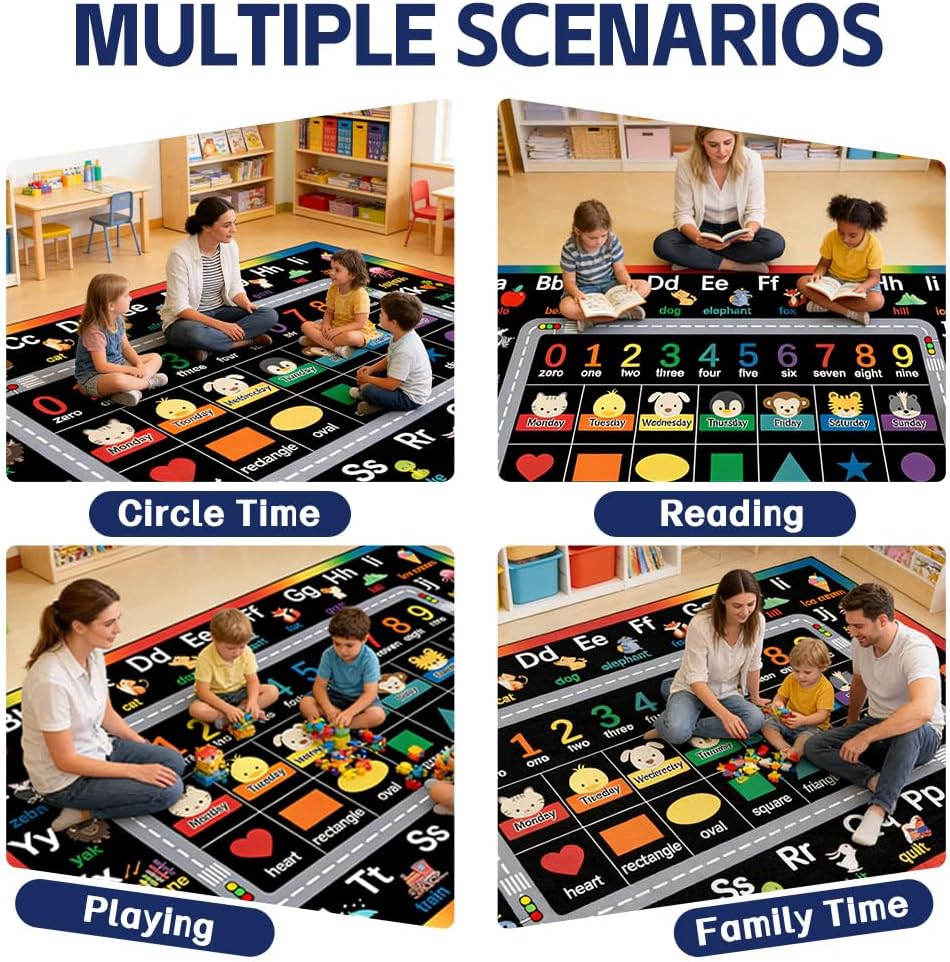 Classroom Rugs for Preschool, Daycare Rug for Classroom,Large Classroom Rug Elementary,Learning Alphabet Educational Rugs for Kids Playroom, Nursery(13'x7'7'', Black)