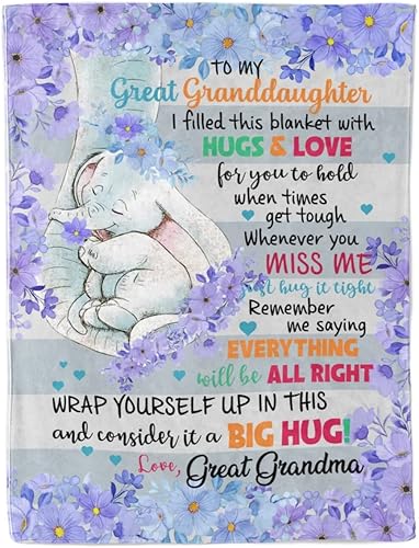 Manta personalizada con texto en inglés «To My Great Granddaughter – Abrazos y amor – Manta de elefante y floral – Regalo para nieta de parte de la