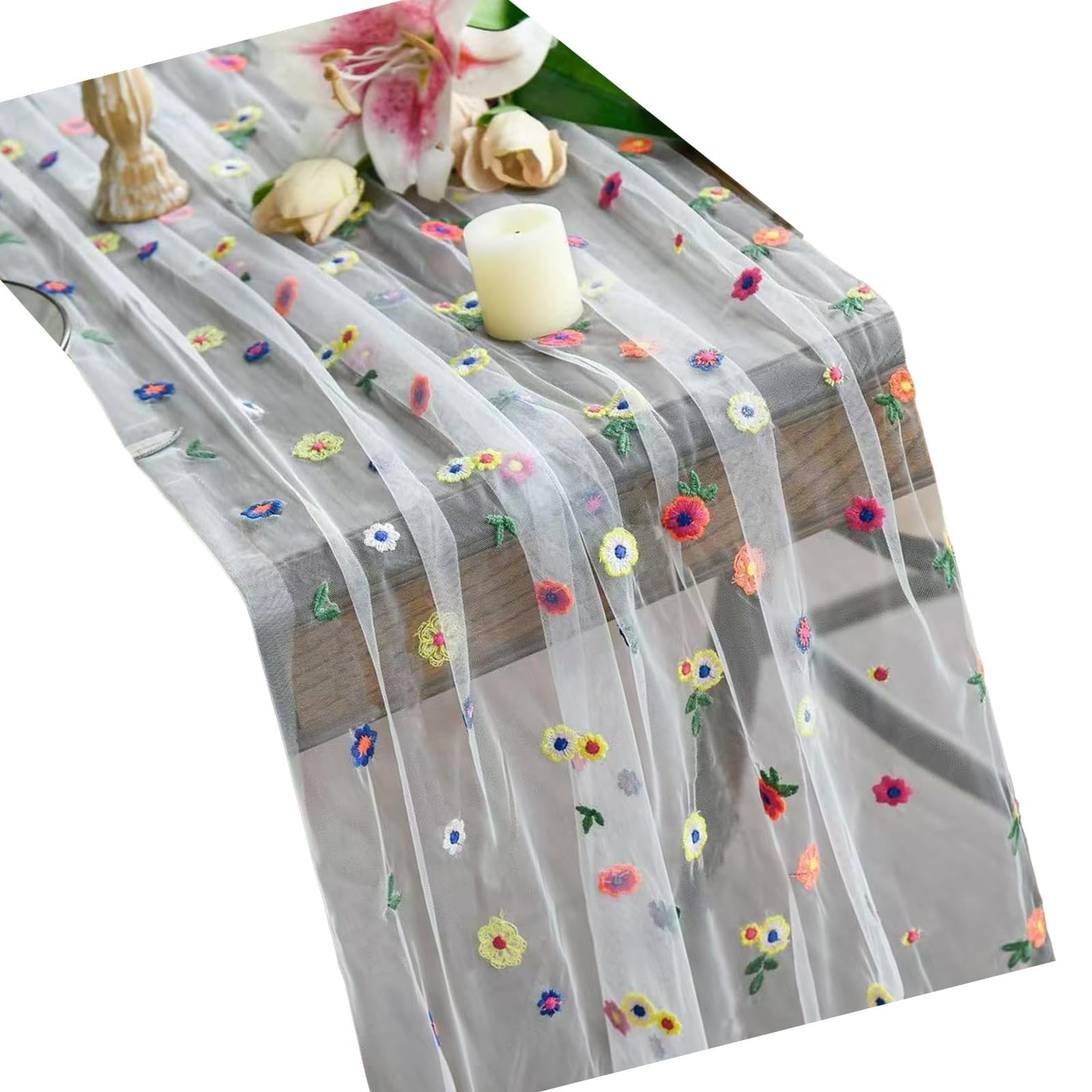 Sisyeuo Florals Lace Tablecloth Fade Resistant Polyester Fabric Rectangular Table Decoration Colorful Lace Table Runner