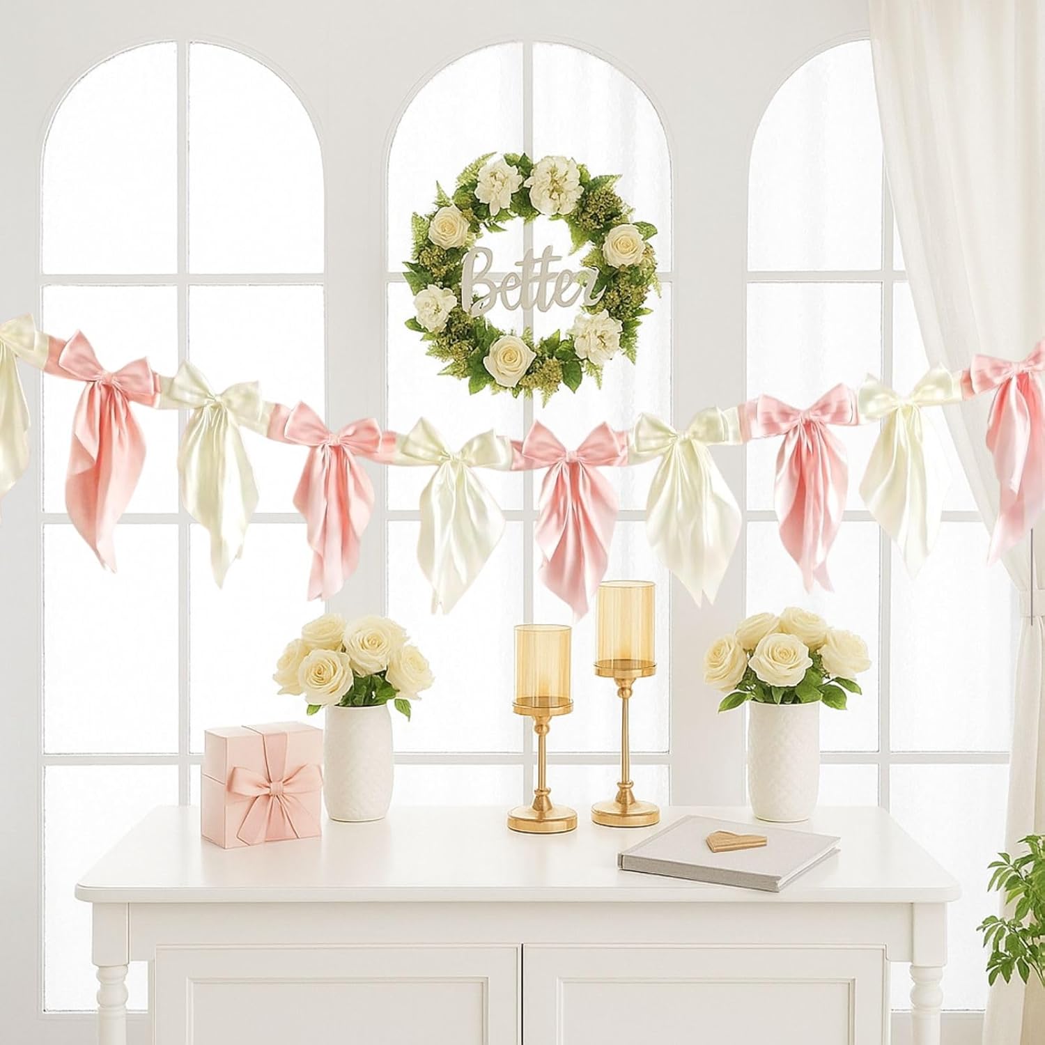 2pcs White Pink Bow Garland Banner 82.7 inch, Satin Ribbon Bow Decorations for Birthday Bachelorette Engagement Wedding Party and Anniversary Decor