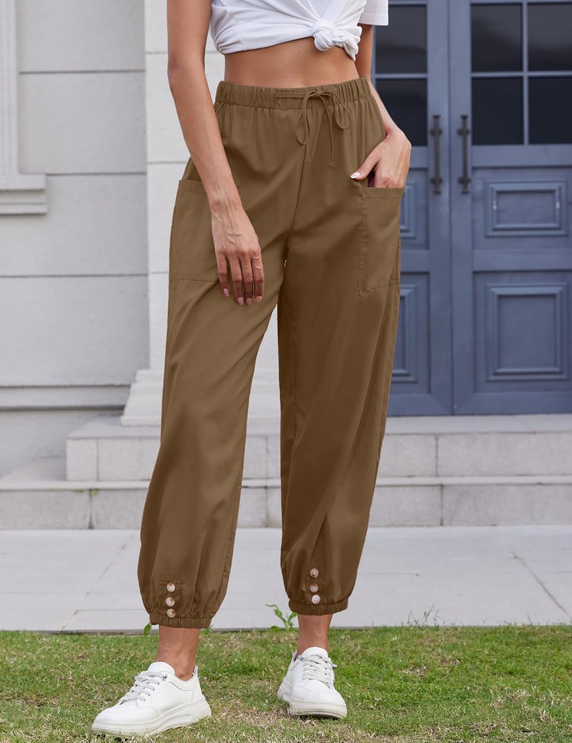 Women Capri Pants Lounge Drawstring High Elastic Waist Wide Leg Quick Dry Pants Cinch Bottom Trousers - Image 4
