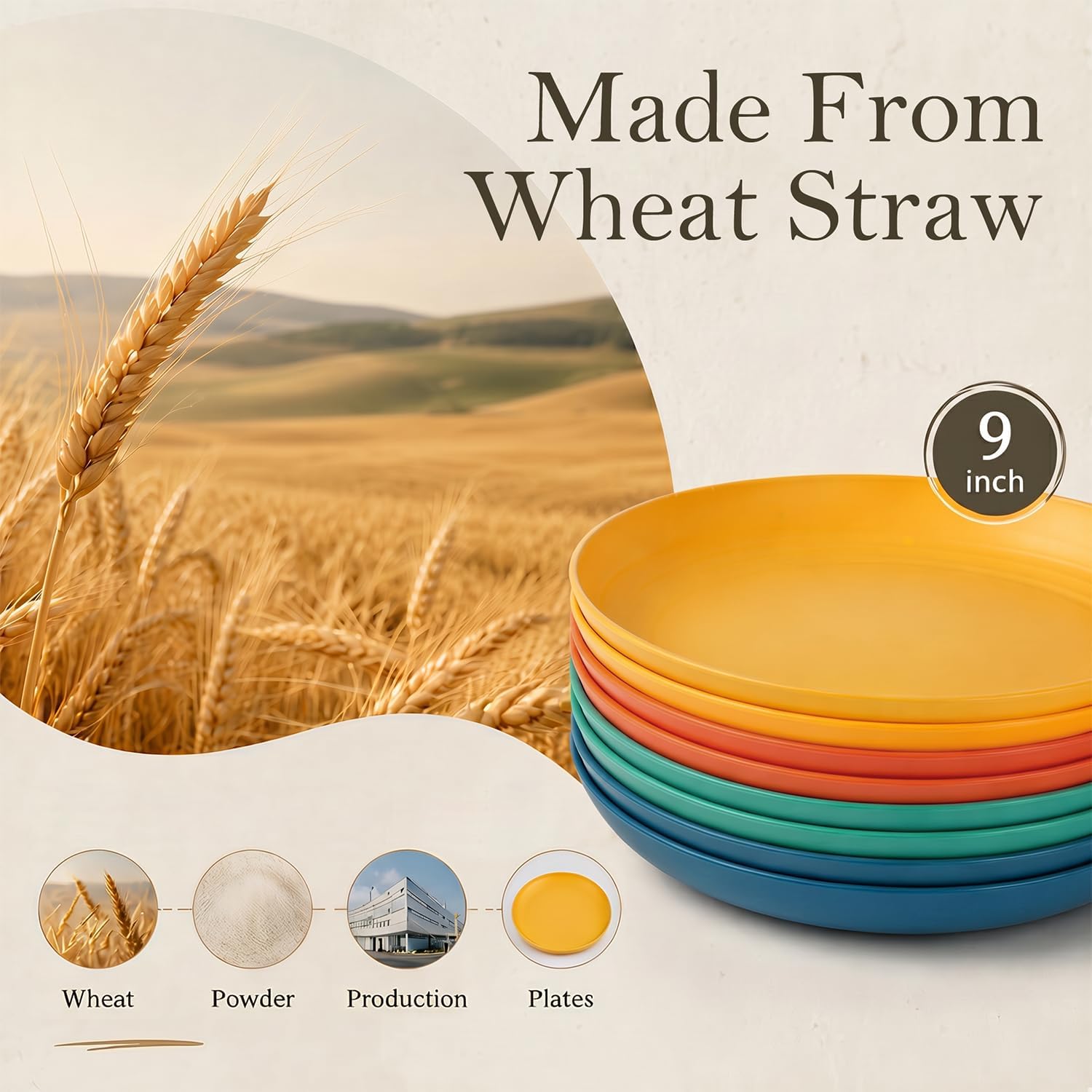 GAINSAY 9 Inch Wheat Straw Plates, Kitchen Plate Set of 8,Dinner Dishes Set
