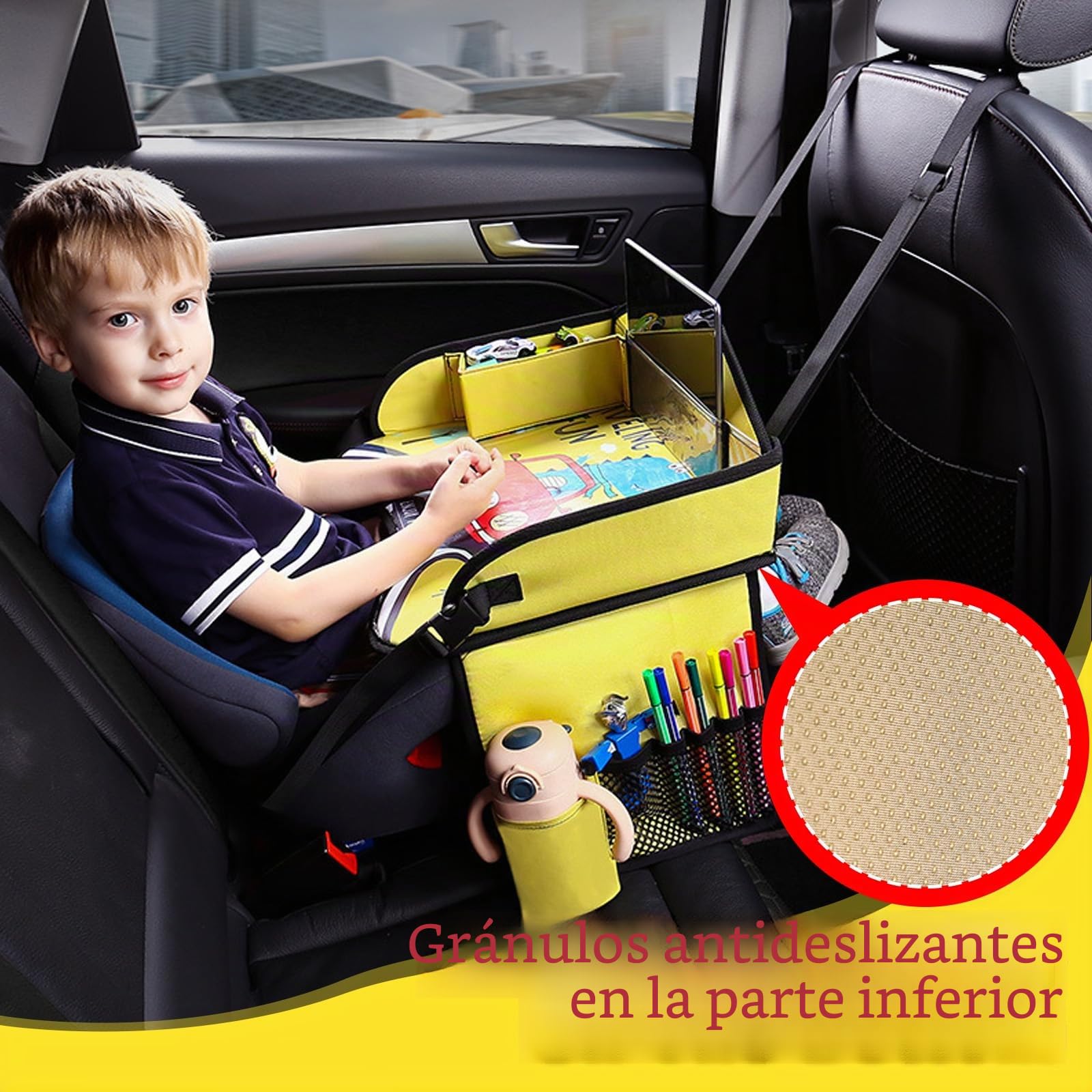 Bandejas de viaje para niños, paletas plegables para automóviles para niños con superficies borrables y grandes espacios de almacenamiento, adecuadas para asientos móviles de viaje