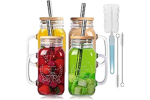 Yirilan 4 Pack 24oz Glass Mason Jars with Handles, Straws, and Lids