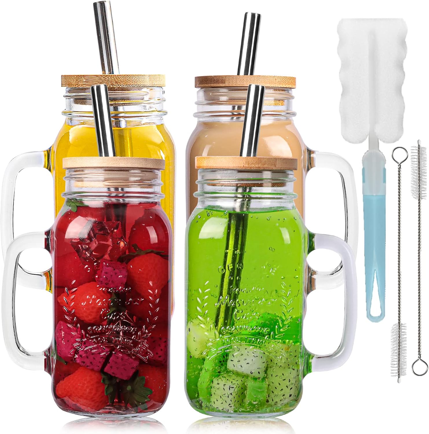 Yirilan 4 Pack 24 Oz Mason Jars with Handle,Mason Jar Cups with Lids