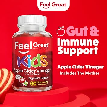 Feel Great Apple Cider Vinegar Gummies for Kids | Rich in Digestive Enzymes & Natural Antioxidants for Gut Health | Vegan Gummy Supports Healthy Nutrient Absorption | 60 Day Supply