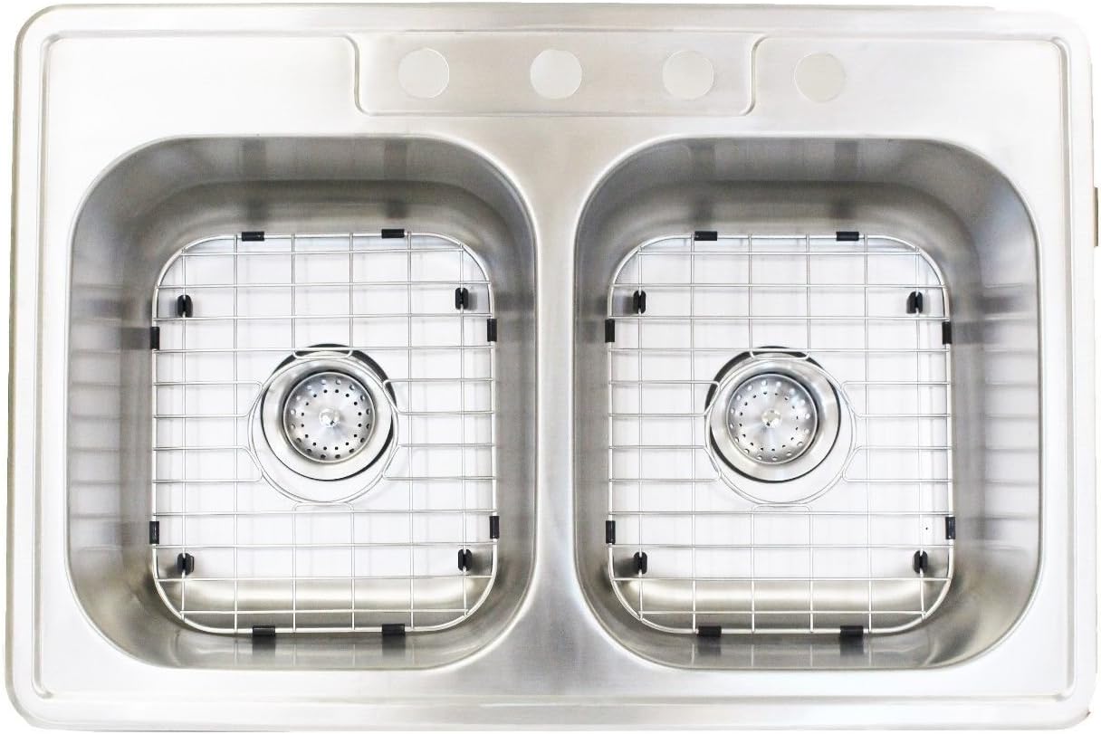 13-⅝” x 11-⅝” Protector Grids for Sinks Universal Double Bowl Drain Racks Grates Bottom Strainer Center Hole, 2 Pack, Silver