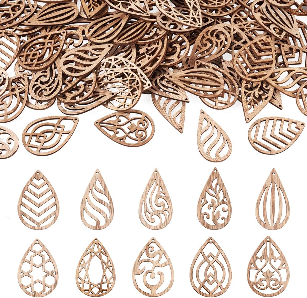 100pcs Unfinished Hollow Drop Wood Cutouts Blank Filigree Teardrop ...