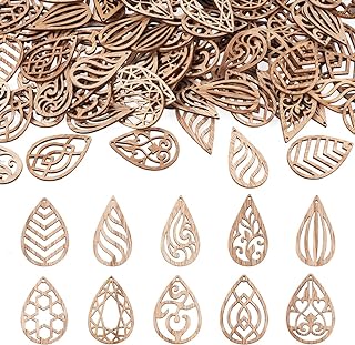 Elecrelive 100pcs Wood Earring Blanks Filigree Teardrop Pendants Unfinished Wooden Cutout Craft Wood Pieces for DIY Jewelry Making Hanging Ornaments
