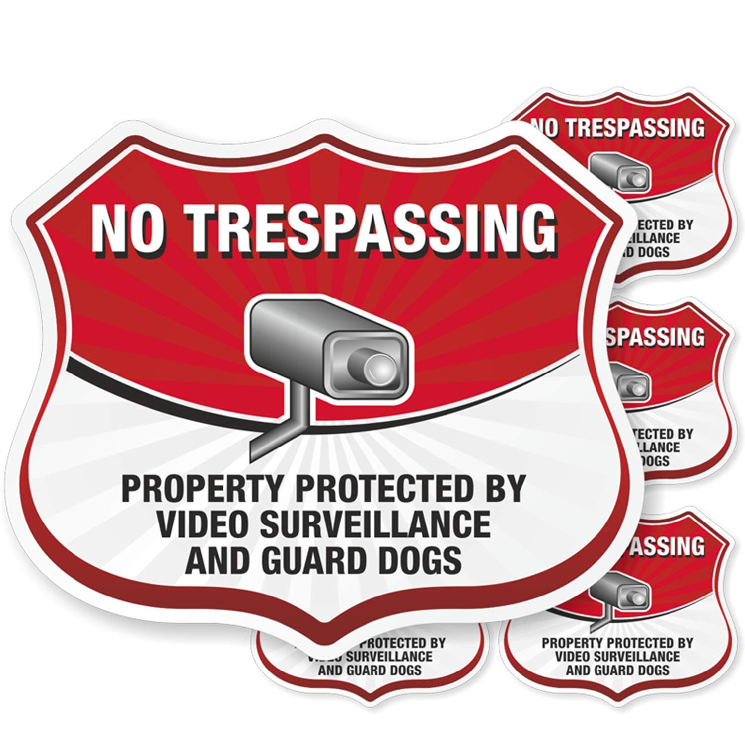 SmartSign No Trespassing - Property Protected by Video Surveillance and Guard Dogs Shield Label | 2.75"x 3.25" EG Reflective Adhesive, Pack of 5, Made