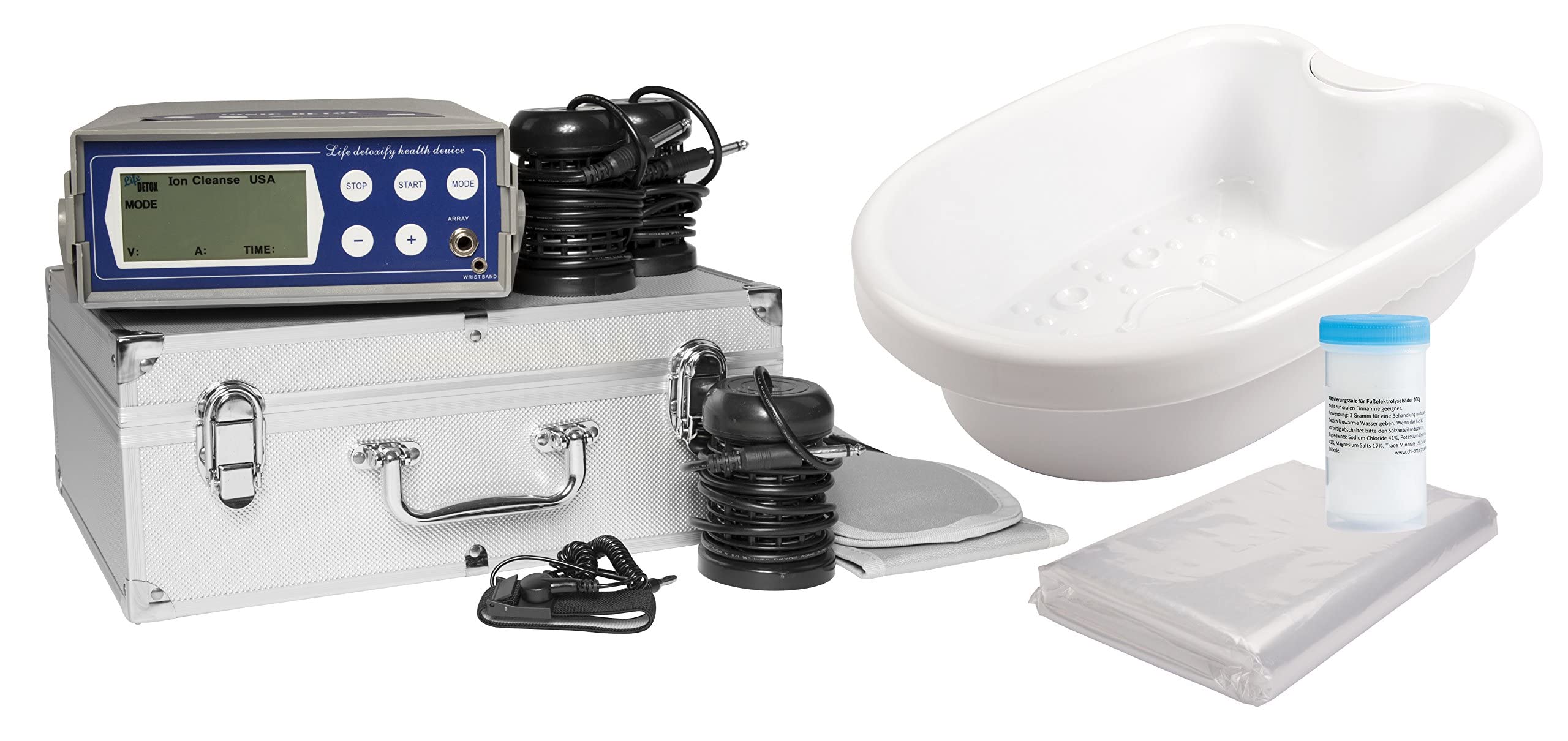 Ionen Fußbad DELUXE Set im Alu-Koffer – Ion Cleanser Elektrolysegerät mit LCD-Display, 3 Ion-Arrays, Infrarot-Hüftgurt, Fußwanne & Aktivierungssalz | Hydro-galvanisches Detox-Set | CHI-ENTERPRISE