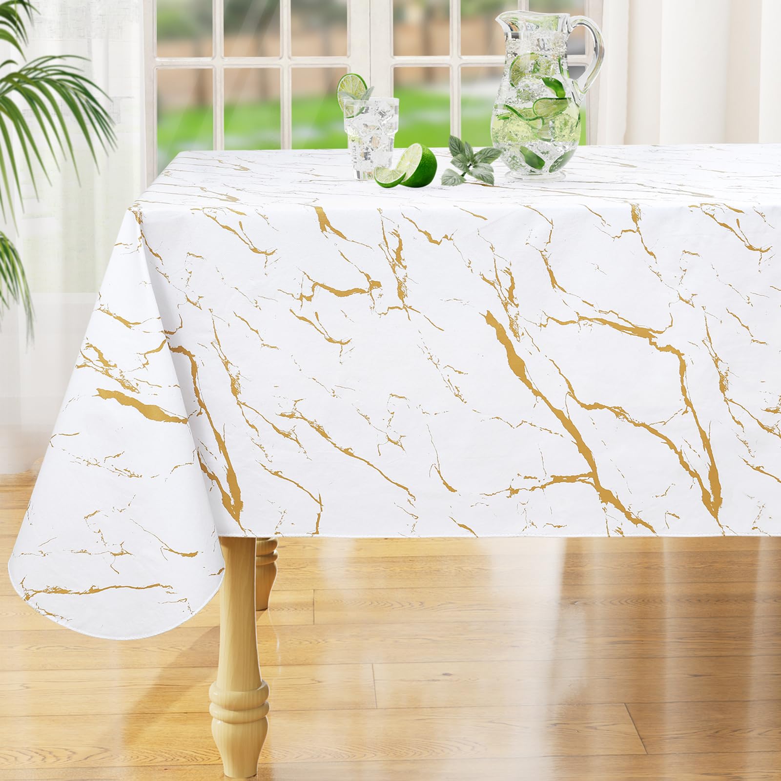 misaya Rectangle Waterproof Vinyl Table Cloth, Wipeable Tablecloth with Flannel Backing, Plastic Table Cover for Dinner, Picnic, Indoor and Outdoor (White Gold Marble, 60" x 102") โ image 1