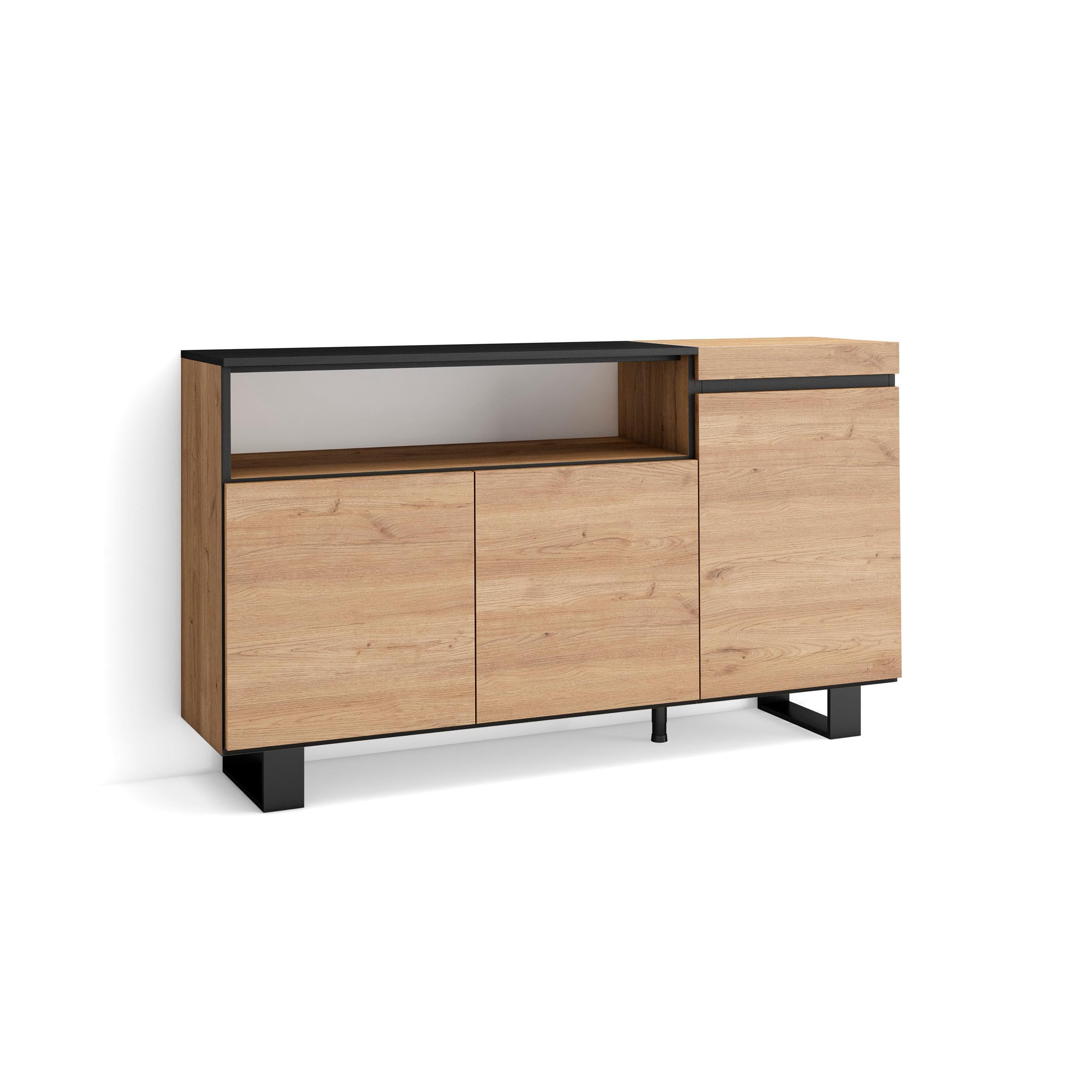 Skraut Home | Aparadores para salón | Gran Capacidad de almacenaje | 150x87x35cm | 3 Puertas | Diseño Industrial | Estilo Moderno | Roble y Negro