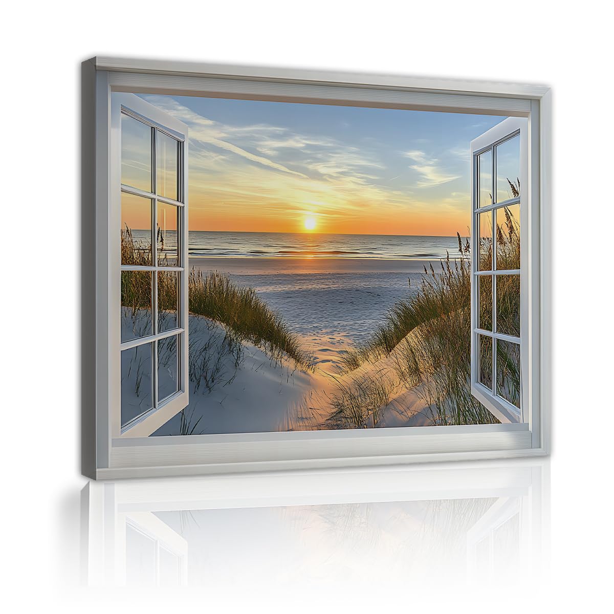 CHERHERART Window Beach Sunset View Poster Picture Canvas Print Ocean Waves Dune Grass Coastal Canvas Wall Art Decor for Living Room Bathroom 45x60cm Innerframe