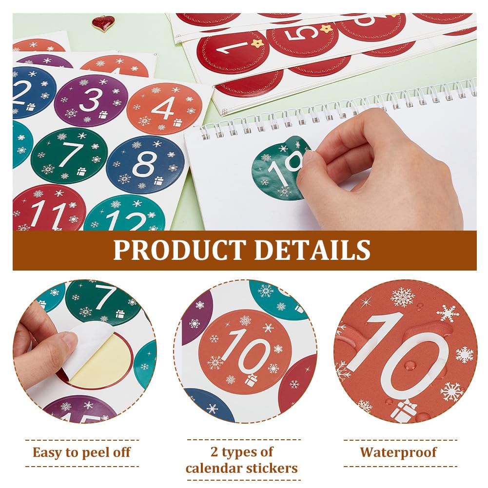 DELORIGIN 28 Sheets Christmas Advent Calendar Stickers 2 Styles 1-24 Number Stickers Round Christmas Countdown Stickers Gift Sealing Stickers for Xmas Craft Christmas Decor Party Supplies - Image 4