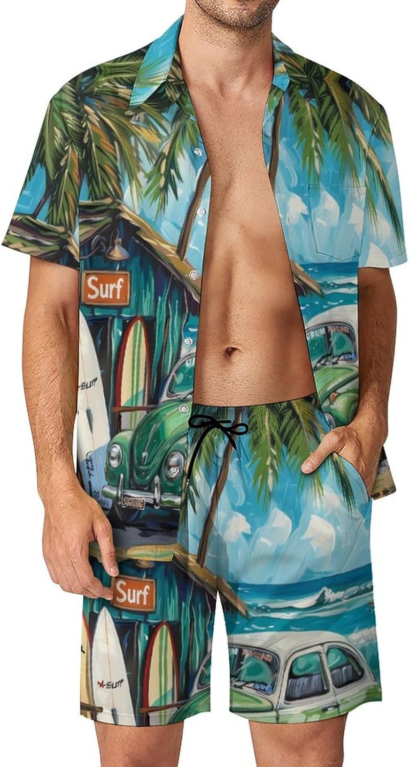 Beach Surf Car Palm Men's Summer Beach Outfits Shirt And Shorts Set 2 Piece Vacation Swimwear
